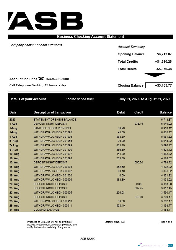 Download ASB Bank company statement Word and PDF template Photoshop template